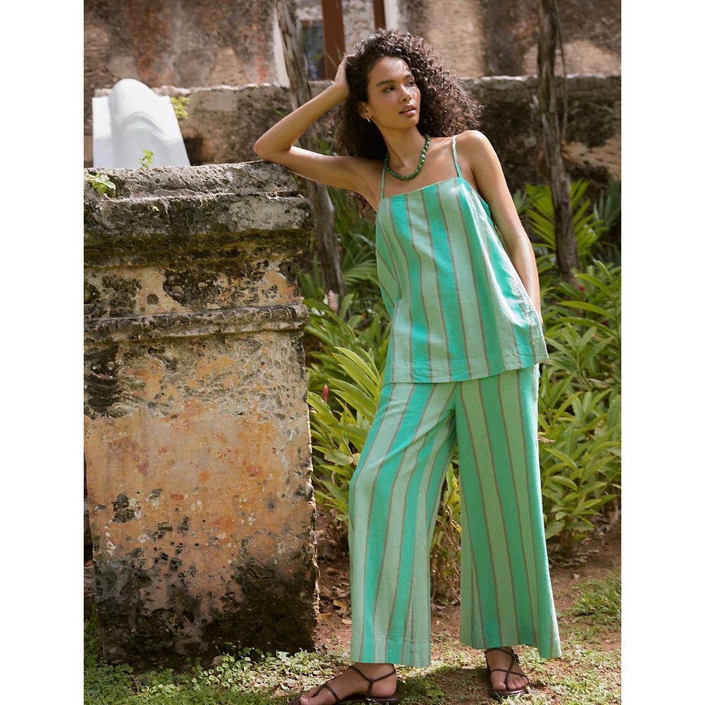 Free People Sightseer Linen Striped Pant Set teal combo Wide Leg NWT L
